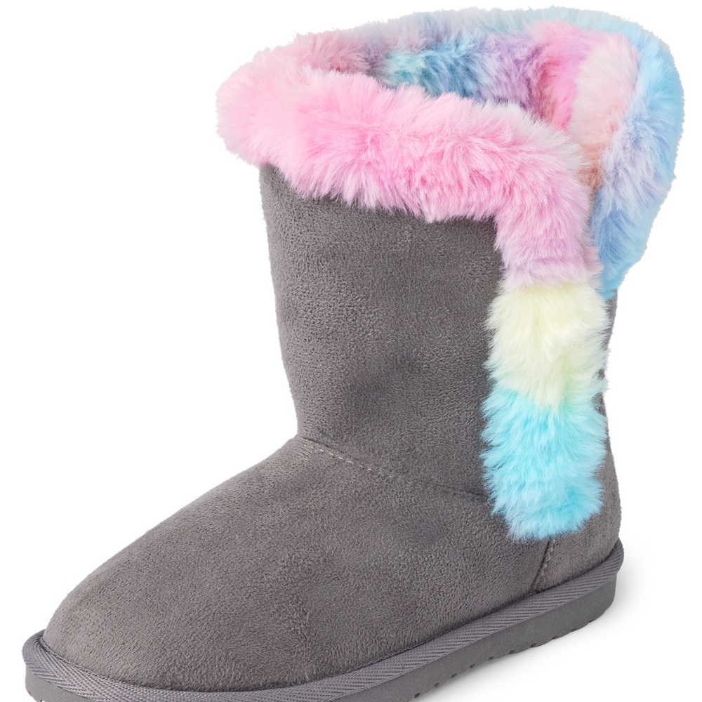 Girls Rainbow Faux Fur Chalet Boots - Gray - size 1